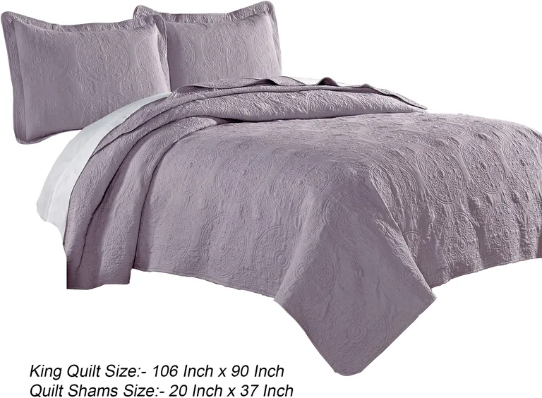 Ada 3 Piece Microfiber King Size Quilt Set, Mandala Embroidery, Purple Photo 5