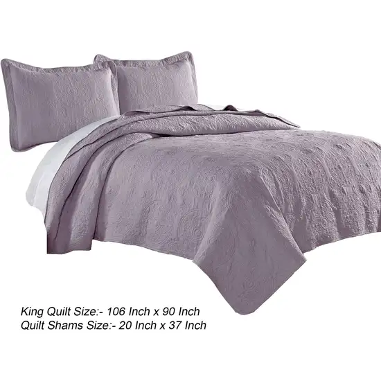 Ada 3 Piece Microfiber King Size Quilt Set, Mandala Embroidery, Purple Photo 5