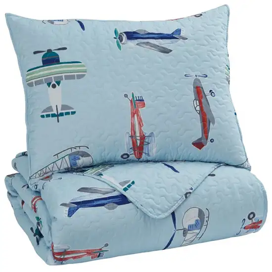 Aircraft Print Fabric Upholstered 2 Piece Twin Quilt Set Photo 2