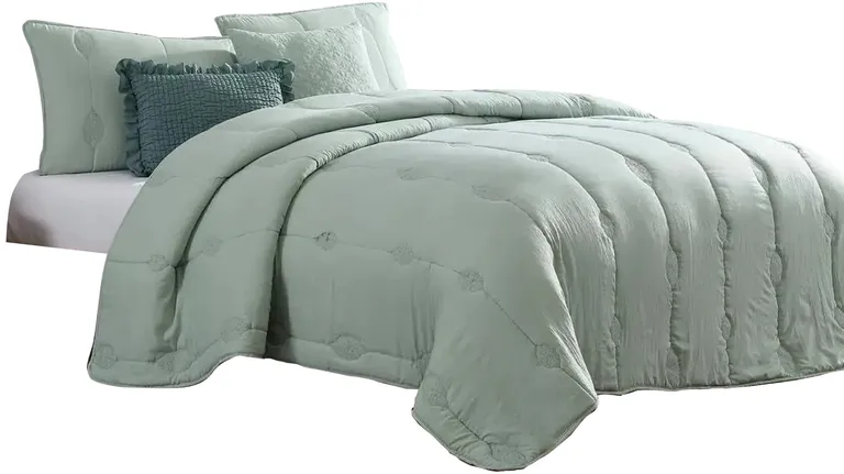 Alice 5 Piece Microfiber King Comforter Set, The Urban Port, Sea Green Photo 1