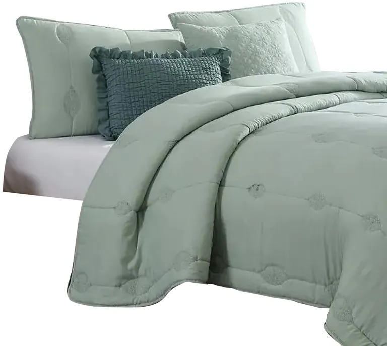 Alice 5 Piece Microfiber King Comforter Set, The Urban Port, Sea Green Photo 4