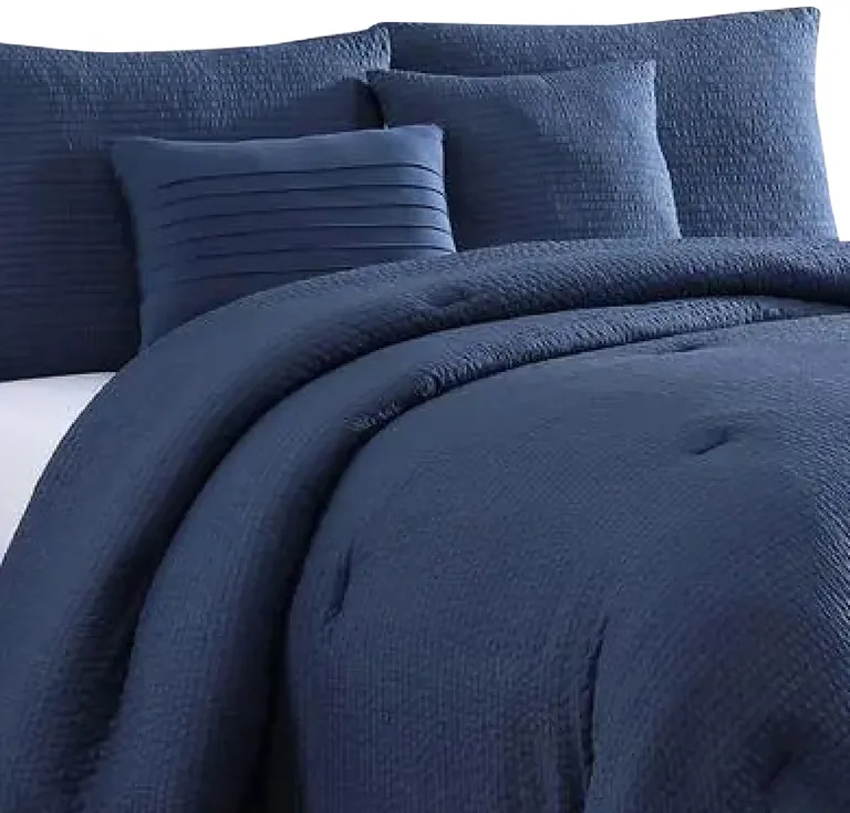 Alice 5 Piece Queen Comforter Set, Textured, The Urban Port, Navy Blue Photo 2