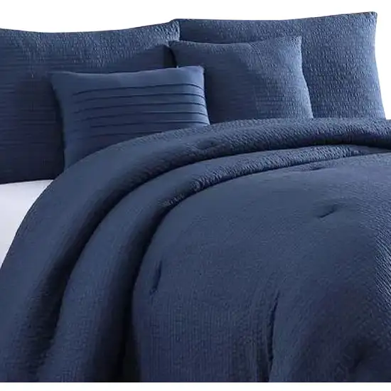 Alice 5 Piece Queen Comforter Set, Textured, The Urban Port, Navy Blue Photo 2