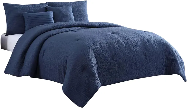 Alice 5 Piece Queen Comforter Set, Textured, The Urban Port, Navy Blue Photo 1