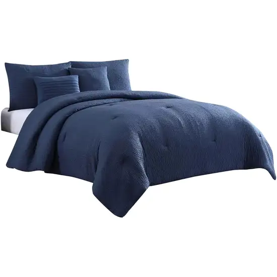 Alice 5 Piece Queen Comforter Set, Textured, The Urban Port, Navy Blue Photo 1