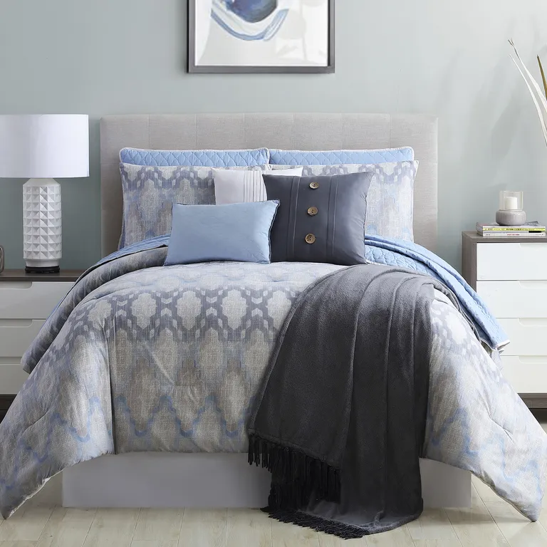 Andria 10 Piece King Size Comforter and Coverlet Set The Urban Port, Blue and Gray Photo 3