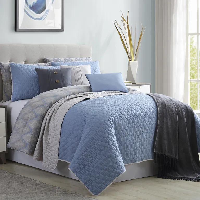 Andria 10 Piece King Size Comforter and Coverlet Set The Urban Port, Blue and Gray Photo 1