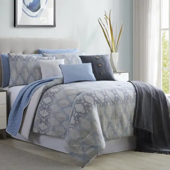 Andria 10 Piece King Size Comforter and Coverlet Set The Urban Port, Blue and Gray Photo 2