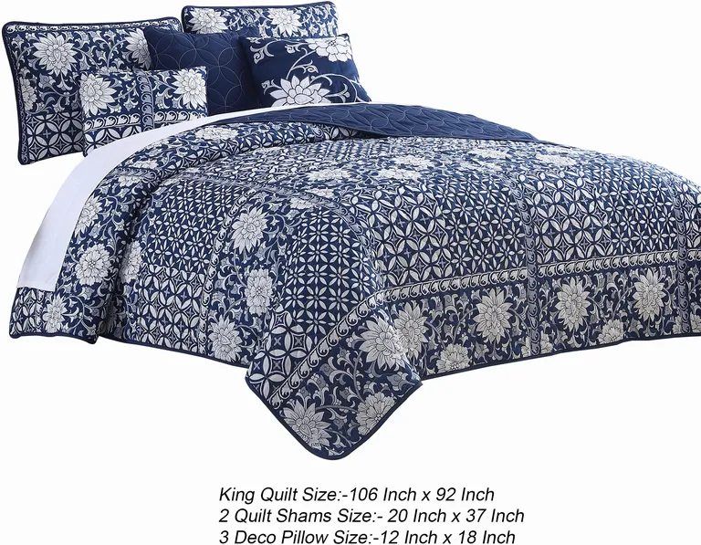 Ann 6 Piece King Size Polyester Quilt Set, Flowers, Reversible Photo 5