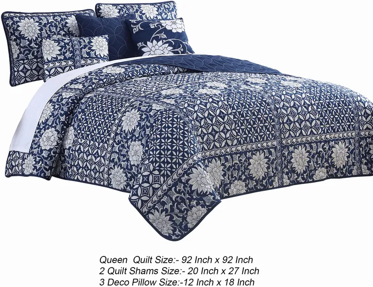 Ann 6 Piece Queen Size Polyester Quilt Set, Flowers, Reversible Photo 5