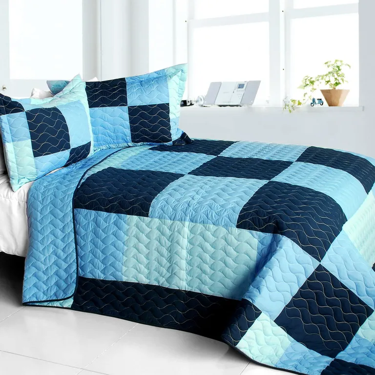 Azurite - Vermicelli-Quilted Patchwork Plaid Quilt Set Full/Queen Photo 1