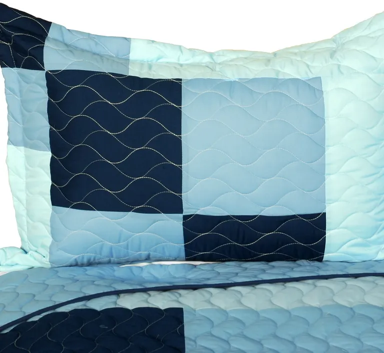 Azurite - Vermicelli-Quilted Patchwork Plaid Quilt Set Full/Queen Photo 2