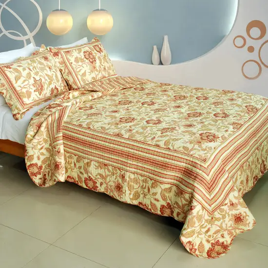 Beautiful Moment -  100% Cotton 3PC Vermicelli-Quilted Patchwork Quilt Set (Full/Queen Size) Photo 1