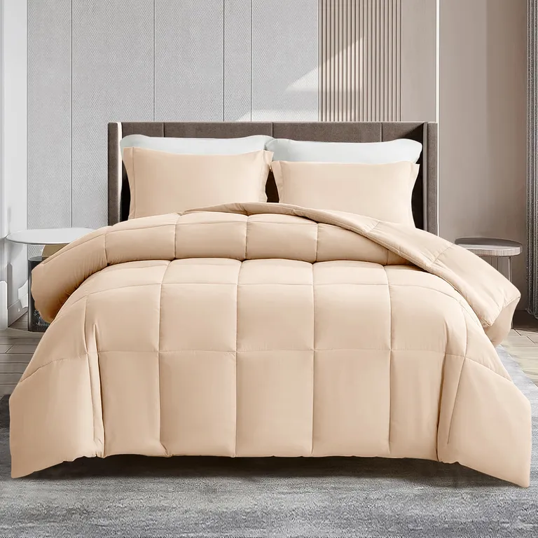 Beige  Box Stitch Microfiber Down Alternative Comforter Photo 5