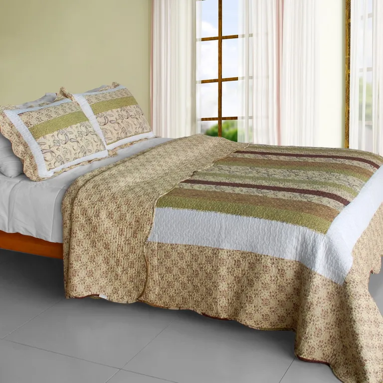 Beige Paisley - Cotton 3PC Vermicelli-Quilted Patchwork Quilt Set (Full/Queen Size) Photo 1