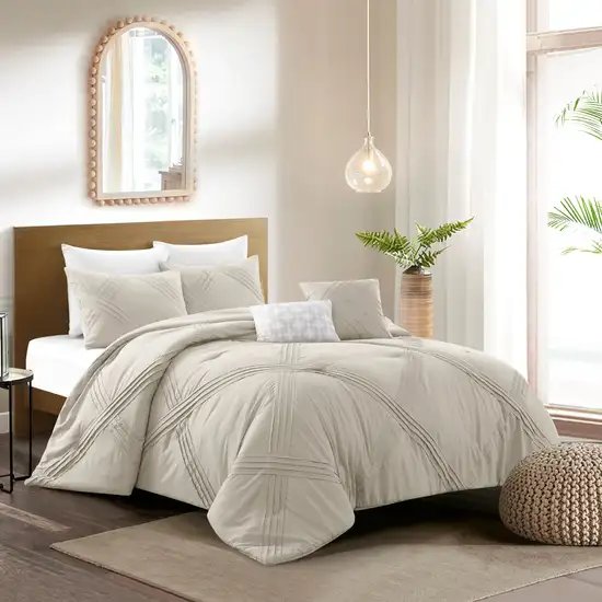 Beige Queen Polyester 180 Thread Count Washable Down Comforter Set Photo 4