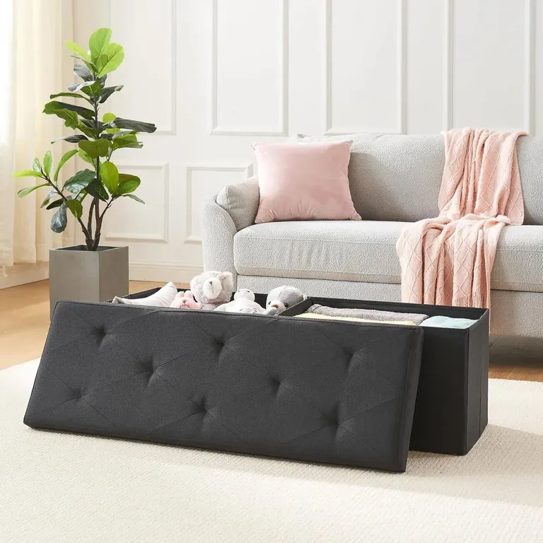 Black Linen Upholstered Bedroom Living Room Entryway Storage Bench Ottoman Photo 2