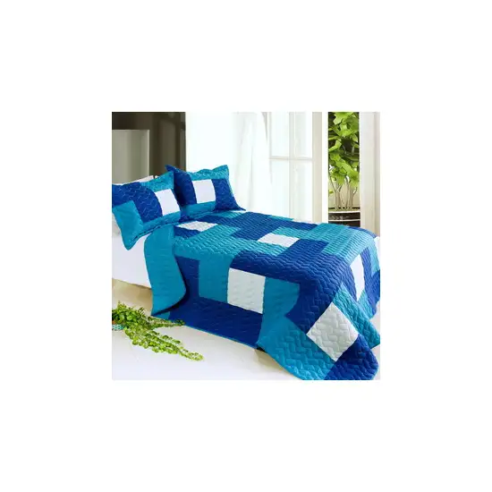 Blue Hour -  3PC Vermicelli-Quilted Patchwork Quilt Set (Full/Queen Size) Photo 2