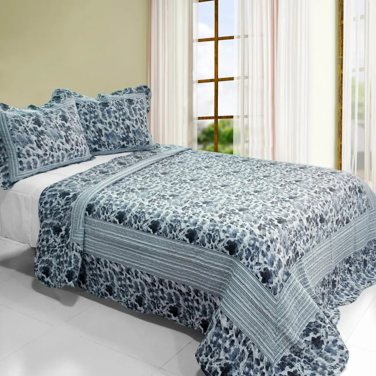 Blue Impression - 3PC Cotton Vermicelli-Quilted Printed Quilt Set (Full/Queen Size) Photo 1