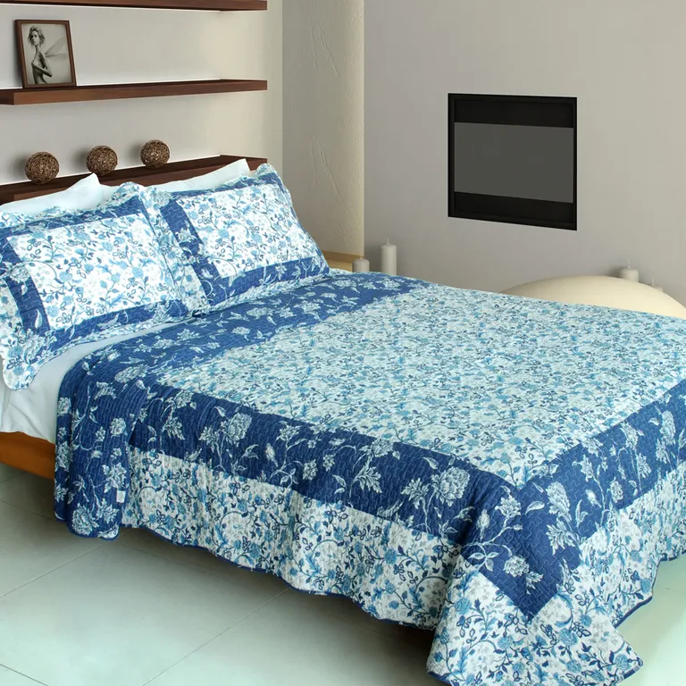 Blue River - 100% Cotton 3PC Vermicelli-Quilted Patchwork Quilt Set (Full/Queen Size) Photo 1