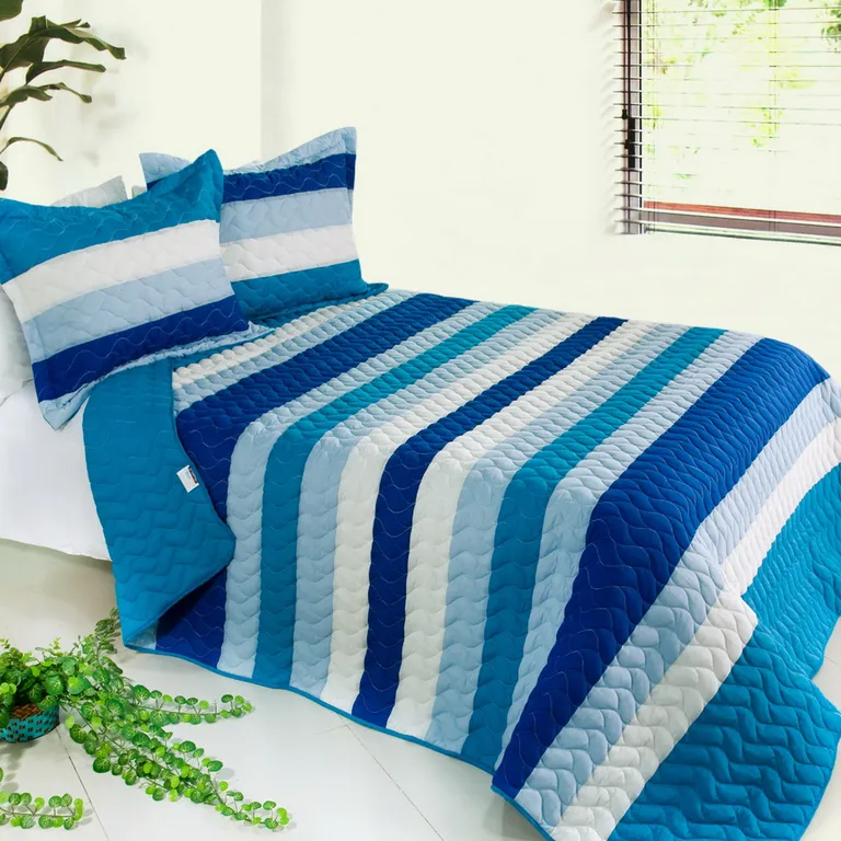 Blue Sky - 3PC Vermicelli-Quilted Striped Quilt Set (Full/Queen Size) Photo 1