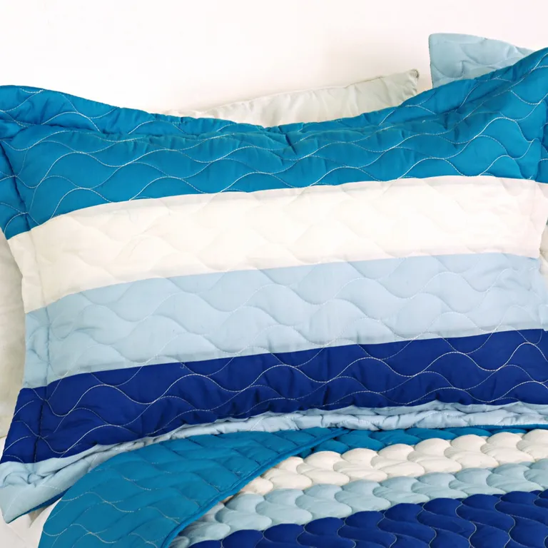 Blue Sky - 3PC Vermicelli-Quilted Striped Quilt Set (Full/Queen Size) Photo 3