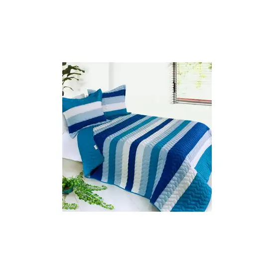 Blue Sky -  3PC Vermicelli-Quilted Striped Quilt Set (Full/Queen Size) Photo 2