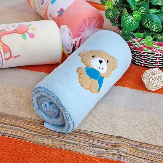 Brown Bear - Blue -  Embroidered Applique Coral Fleece Baby Throw Blanket (29.5 by 39.4 inches) Photo 1