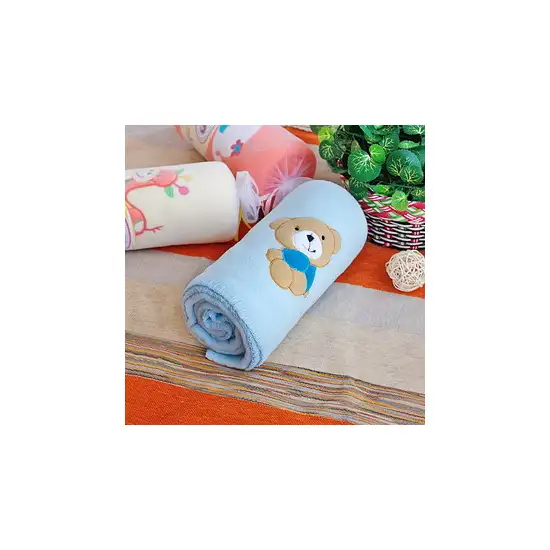 Brown Bear - Blue -  Embroidered Applique Coral Fleece Baby Throw Blanket (29.5 by 39.4 inches) Photo 2