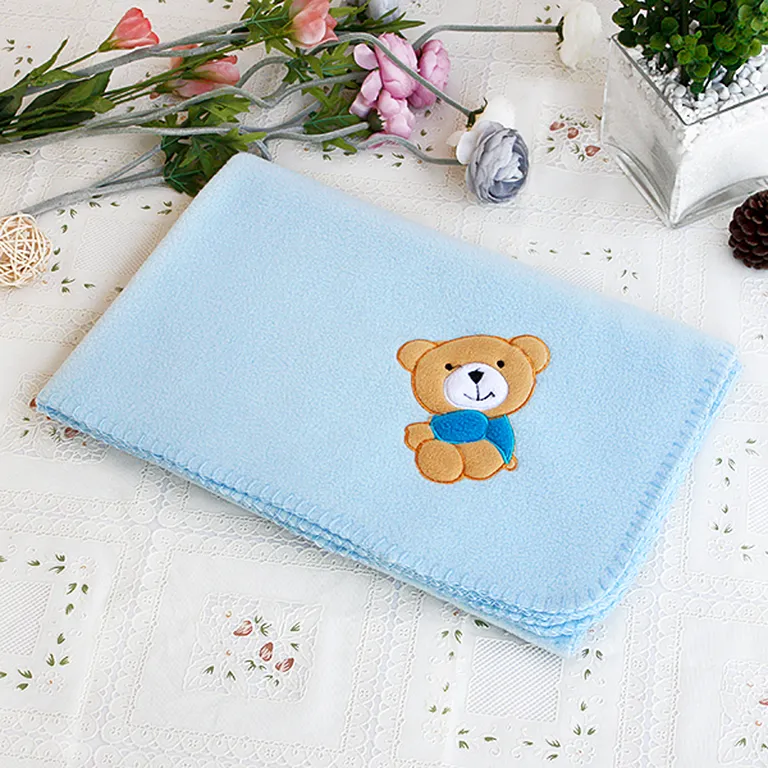 Brown Bear - Blue - Embroidered Applique Coral Fleece Baby Throw Blanket (29.5 by 39.4 inches) Photo 2