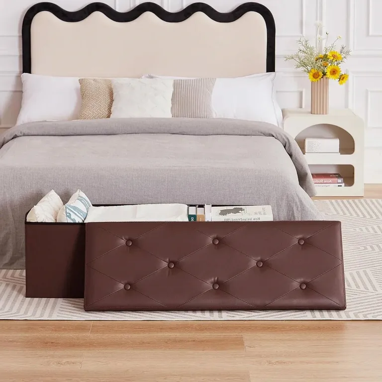 Brown Faux Leather Upholstered End of Bed Storage Bench Ottoman Photo 3