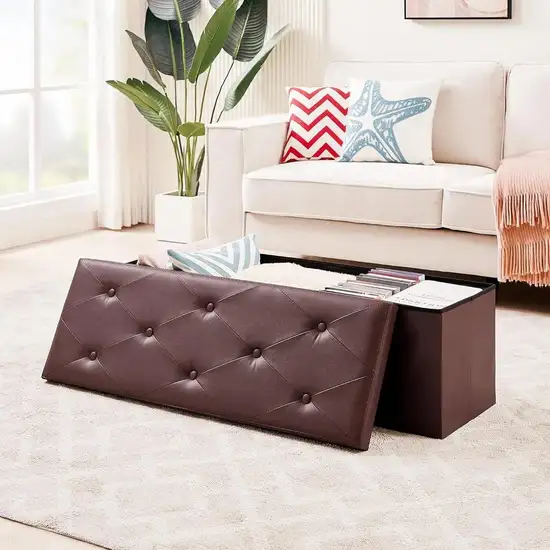 Brown Faux Leather Upholstered End of Bed Storage Bench Ottoman Photo 2