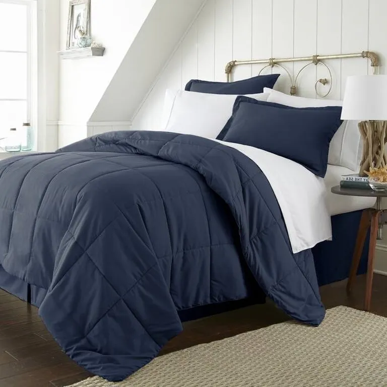 CA King Navy Microfiber Baffle-Box 6-Piece Reversible Bed-in-a-Bag Comforter Set Photo 2