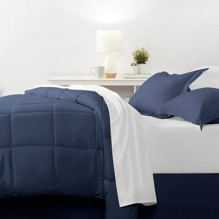 CA King Navy Microfiber Baffle-Box 6-Piece Reversible Bed-in-a-Bag Comforter Set Photo 3