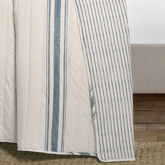 California King Blue White 3 Piece Stripe Reversible Cotton Quilt Set Photo 4