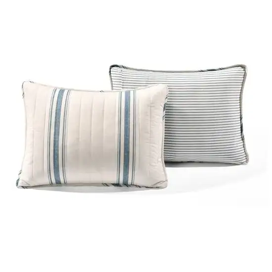 California King Blue White 3 Piece Stripe Reversible Cotton Quilt Set Photo 5