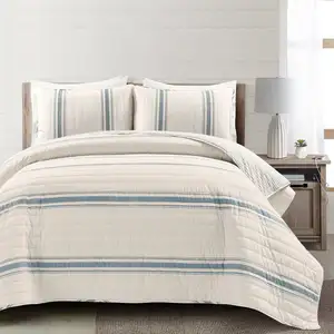 Photo of California King Blue White 3 Piece Stripe Reversible Cotton Quilt Set