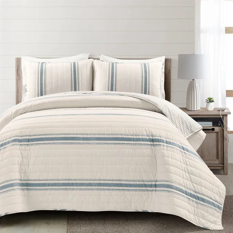 California King Blue White 3 Piece Stripe Reversible Cotton Quilt Set Photo 1