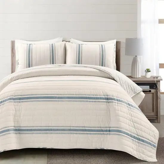 California King Blue White 3 Piece Stripe Reversible Cotton Quilt Set Photo 1