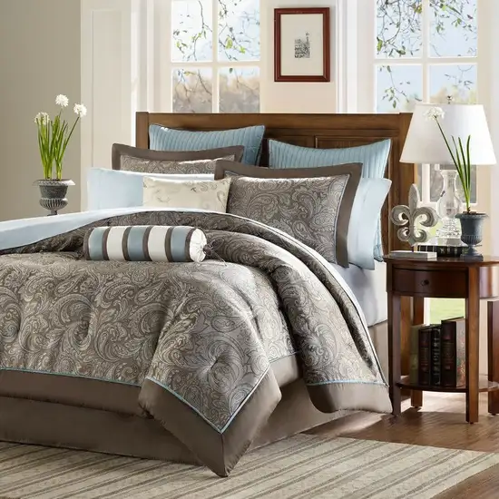 California King 12-piece Reversible Cotton Comforter Set in Brown and Blue Photo 4