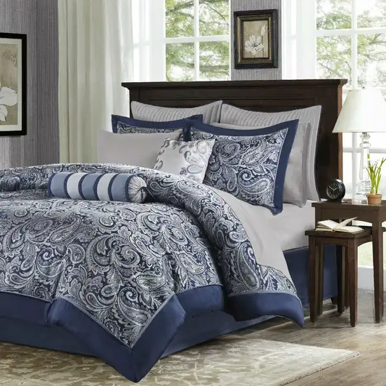 California King 12-piece Reversible Microfiber Comforter Set Navy Blue White Photo 2