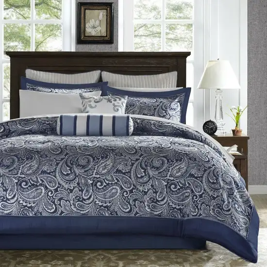 California King 12-piece Reversible Microfiber Comforter Set Navy Blue White Photo 1