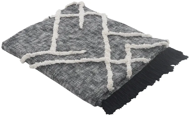 Charcoal and Off White Geometric  Cotton Coverlet With Fringe Photo 3