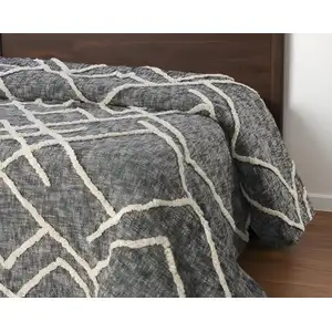 Photo of Charcoal and Off White Geometric  Cotton Coverlet With Fringe