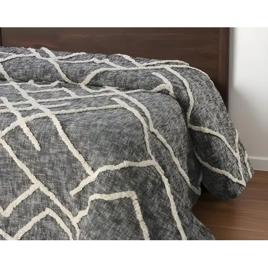 Charcoal and Off White Geometric  Cotton Coverlet With Fringe Photo 1