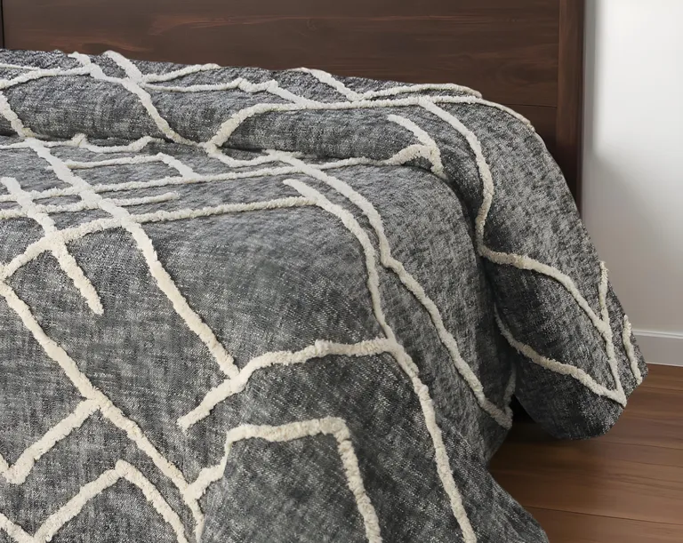 Charcoal and Off White Geometric  Cotton Coverlet With Fringe Photo 1