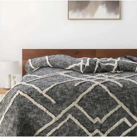 Charcoal and Off White Geometric  Cotton Coverlet With Fringe Photo 1