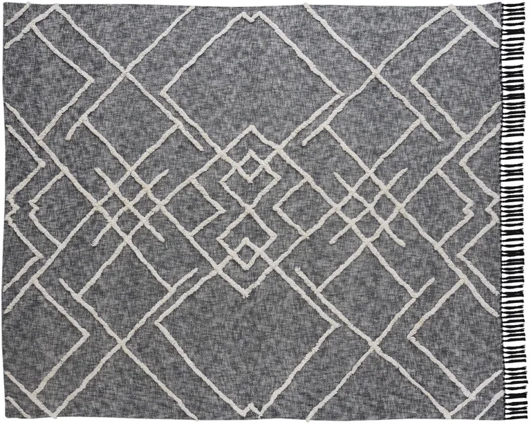 Charcoal and Off White Geometric  Cotton Coverlet With Fringe Photo 2