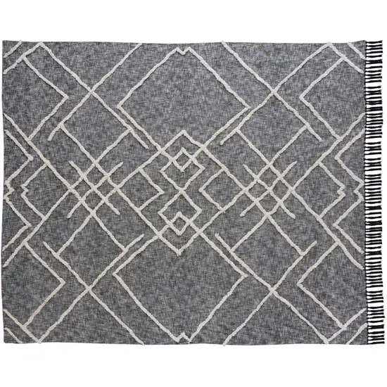 Charcoal and Off White Geometric  Cotton Coverlet With Fringe Photo 2