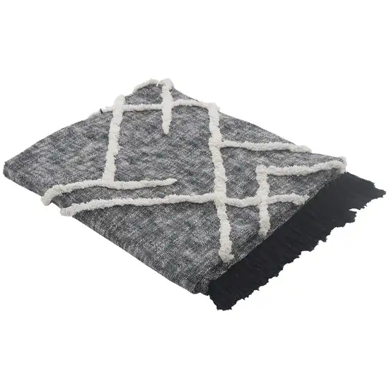 Charcoal and Off White Geometric  Cotton Coverlet With Fringe Photo 3